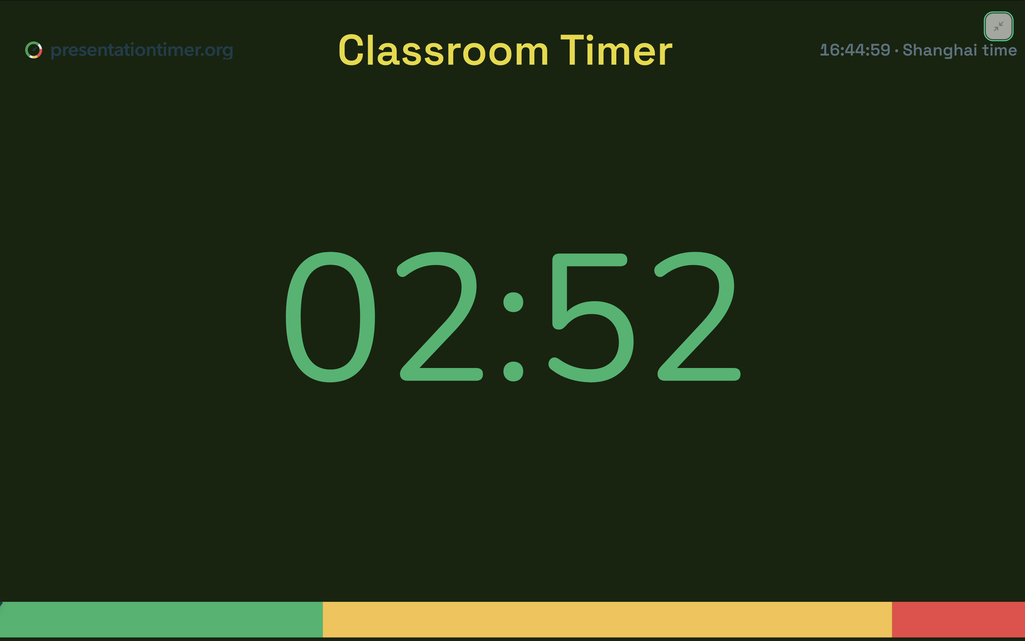 PresentationTimer classroom Display with a large 02:52 countdown and wrap-up colors