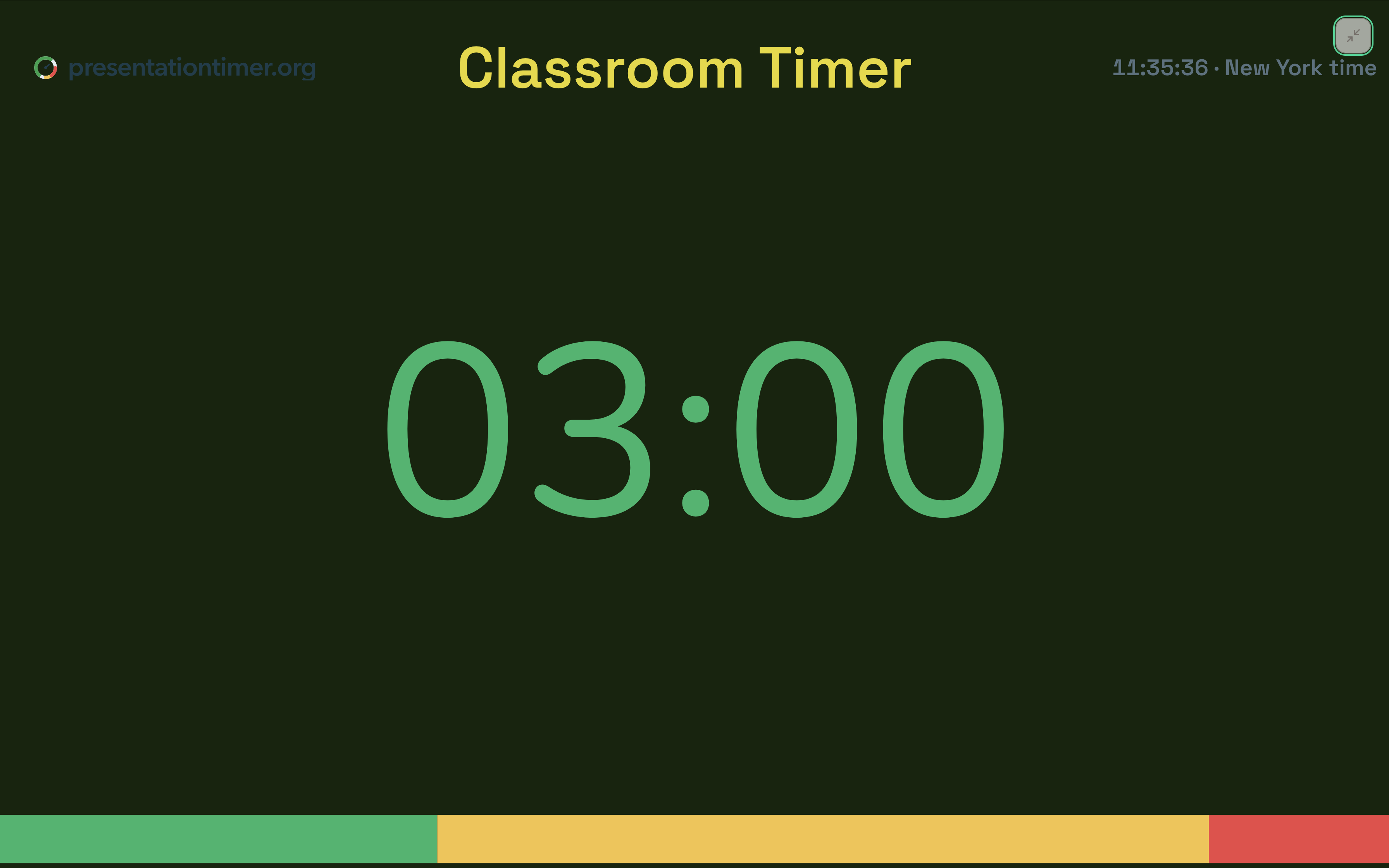 Giant classroom timer shown fullscreen on a smart board, large countdown digits readable from the back of the room