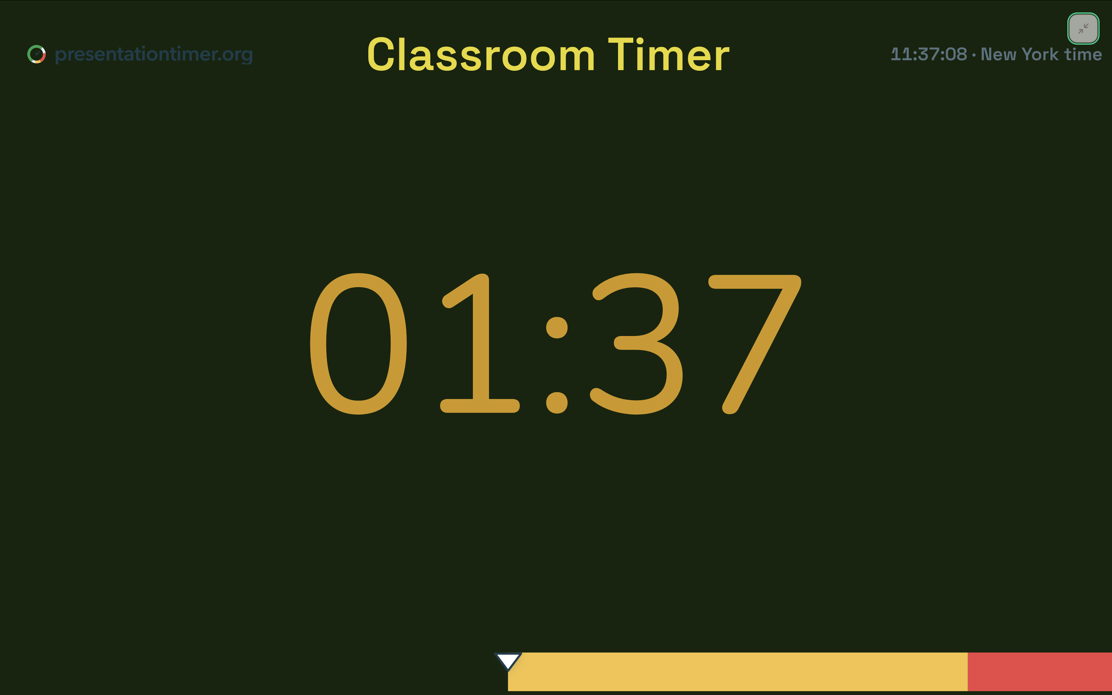Classroom timer display in the yellow wrap-up state, still readable from across the room