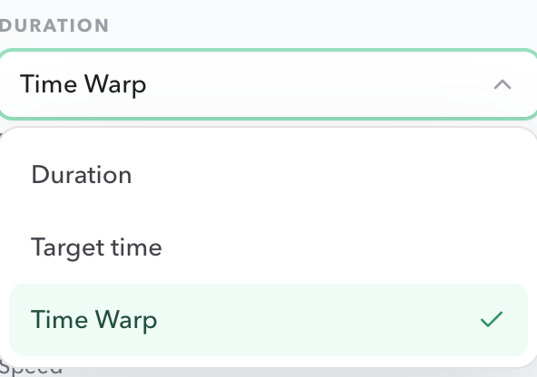 PresentationTimer duration menu with Time Warp selected next to Duration and Target time