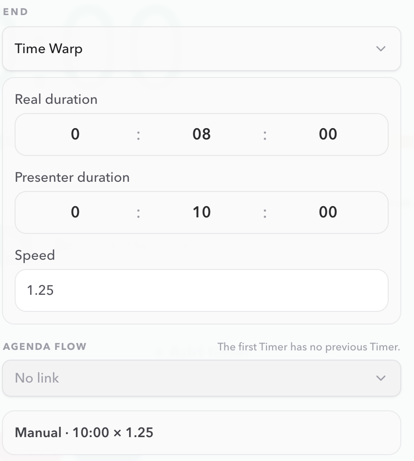 Time Warp settings with an 8-minute real duration, a 10-minute presenter duration, and 1.25 speed