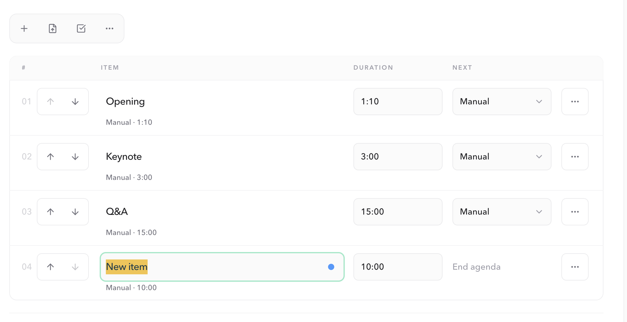 Agenda Studio draft with a new item row selected for editing below Opening, Keynote, and Q&A