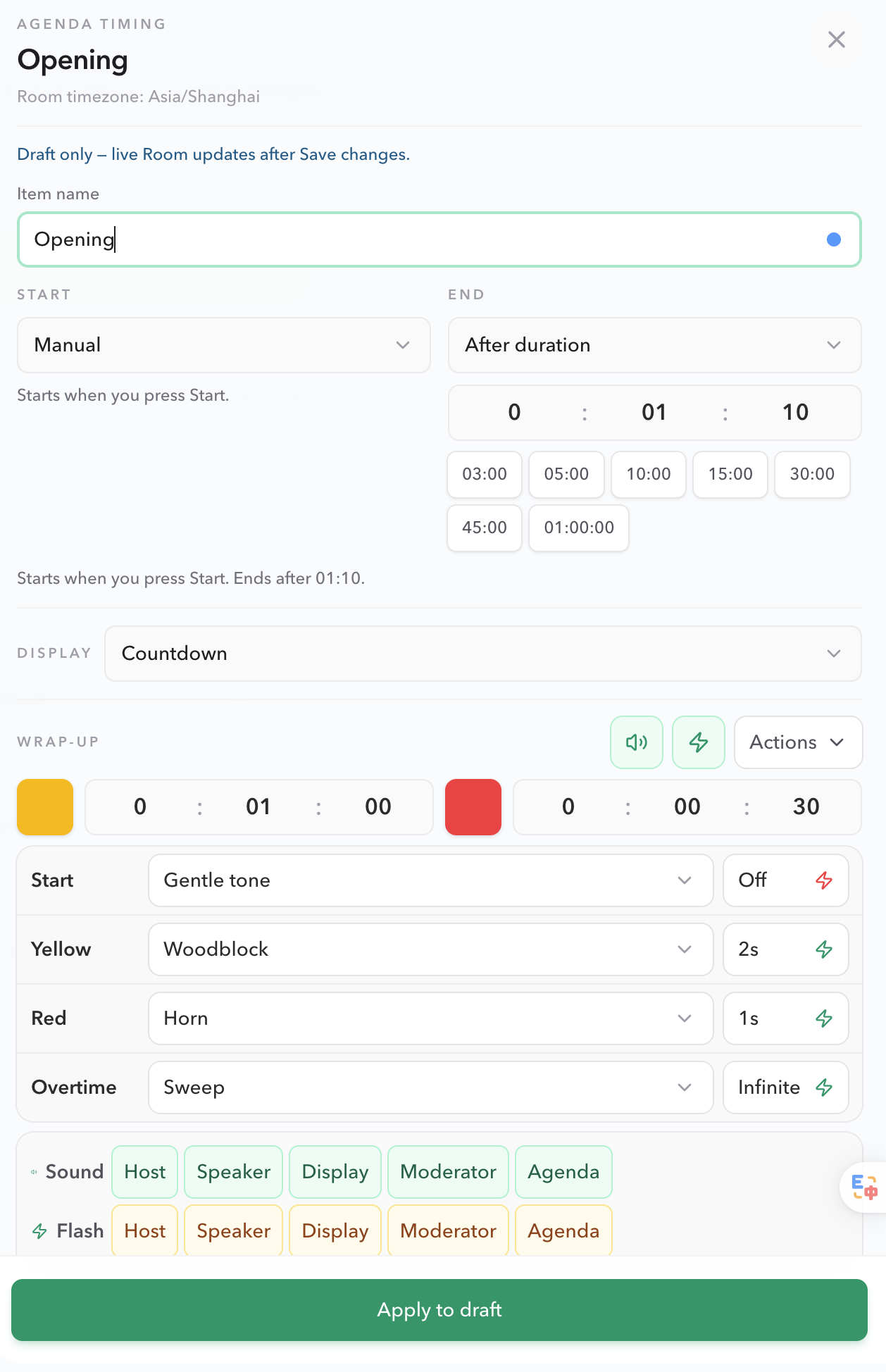 Agenda timing drawer for Opening showing Manual start, After duration, Countdown, and Pro Wrap-up controls
