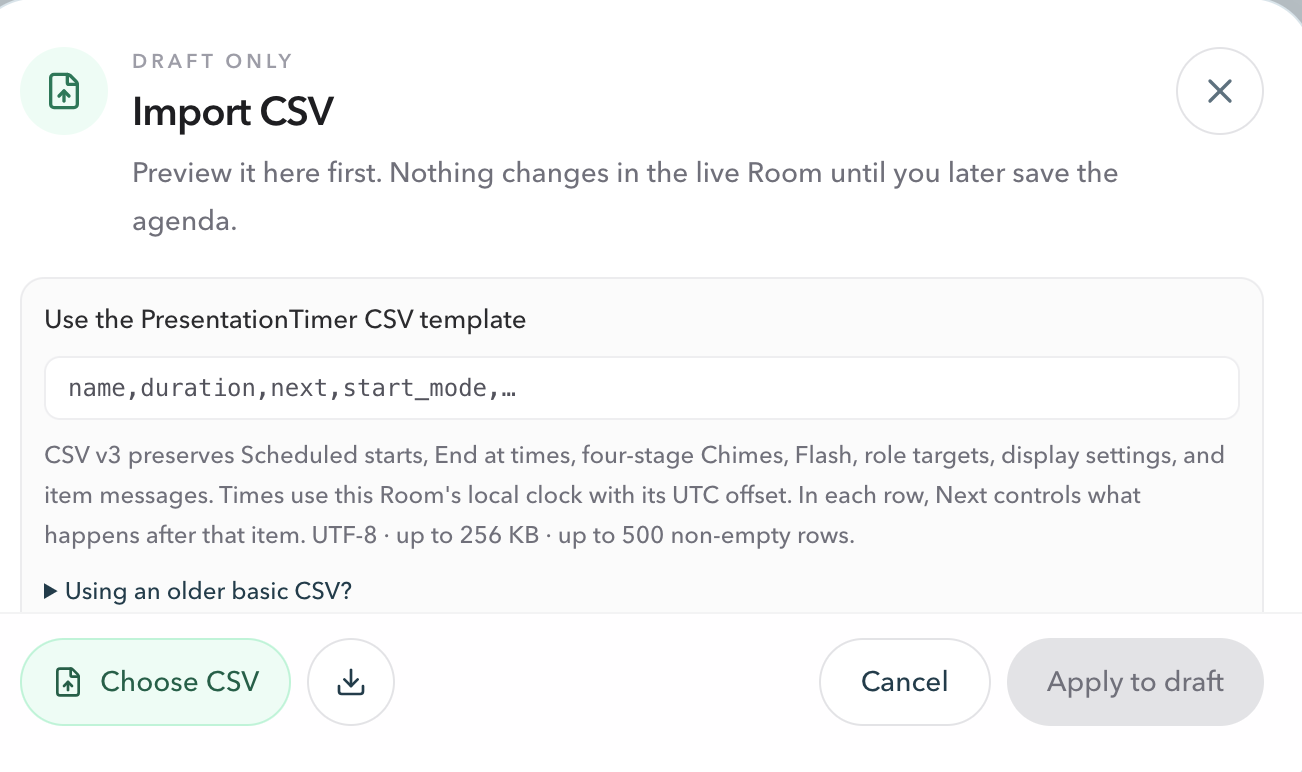 Agenda Studio Import CSV dialog showing the CSV v3 template, Choose CSV button, and draft-only warning