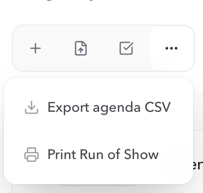 Agenda Studio export menu with Export agenda CSV and Print Run of Show