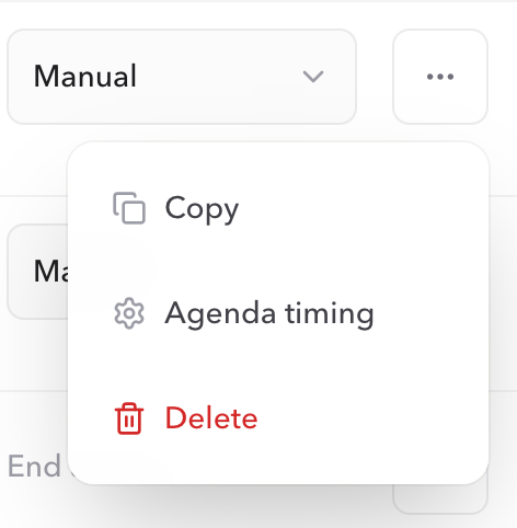Agenda item actions menu showing Copy, Agenda timing, and Delete