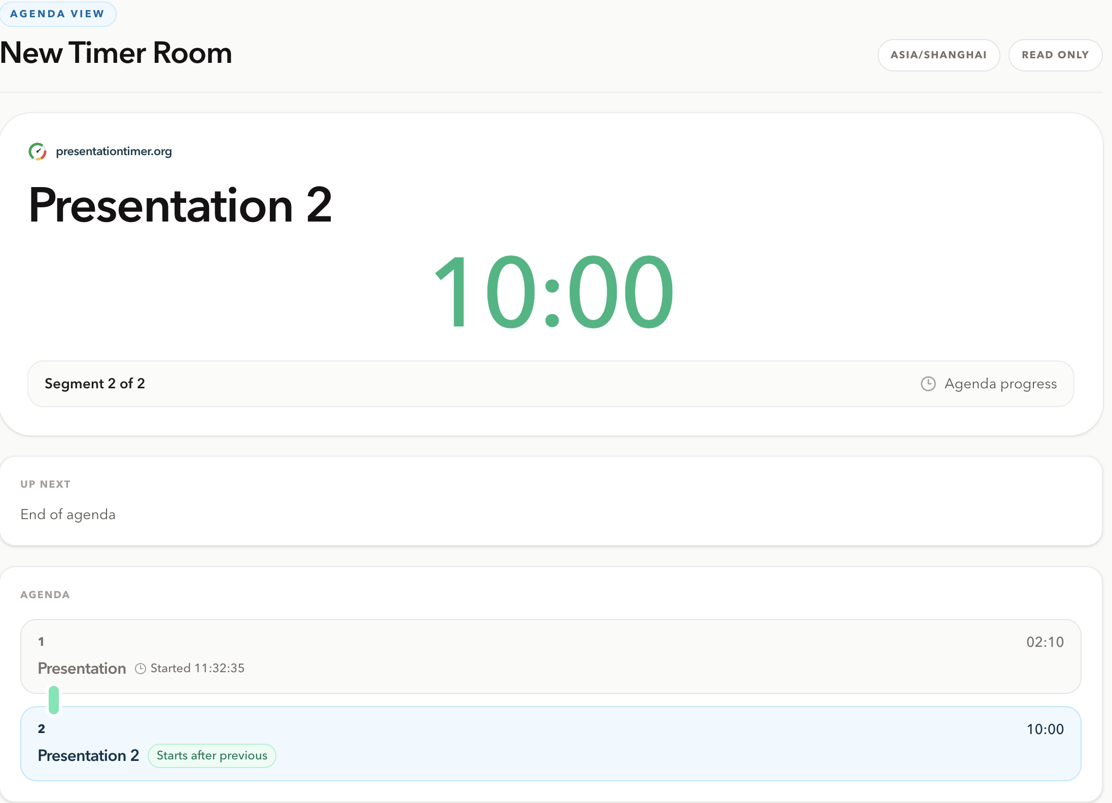 PresentationTimer Agenda View with Asia Shanghai timezone, Read only label, Presentation 2 as Segment 2 of 2, a green ten-minute timer, End of agenda, and two agenda items including a Started time