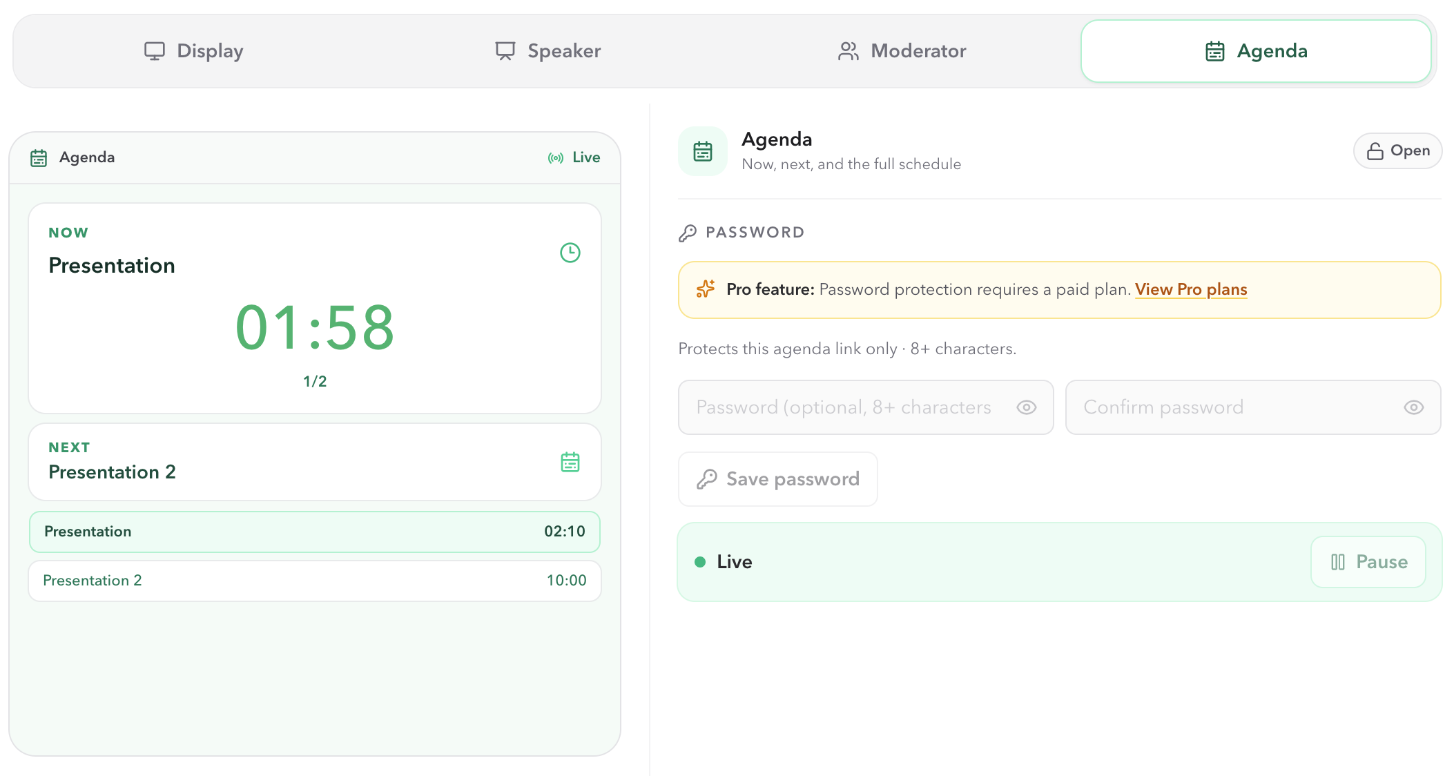 PresentationTimer Outputs dialog with Agenda selected, a live agenda preview on the left, and Agenda password protection settings on the right