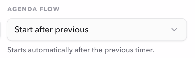 Host Timer settings Agenda flow selector set to Start after previous with text saying it starts automatically after the previous timer