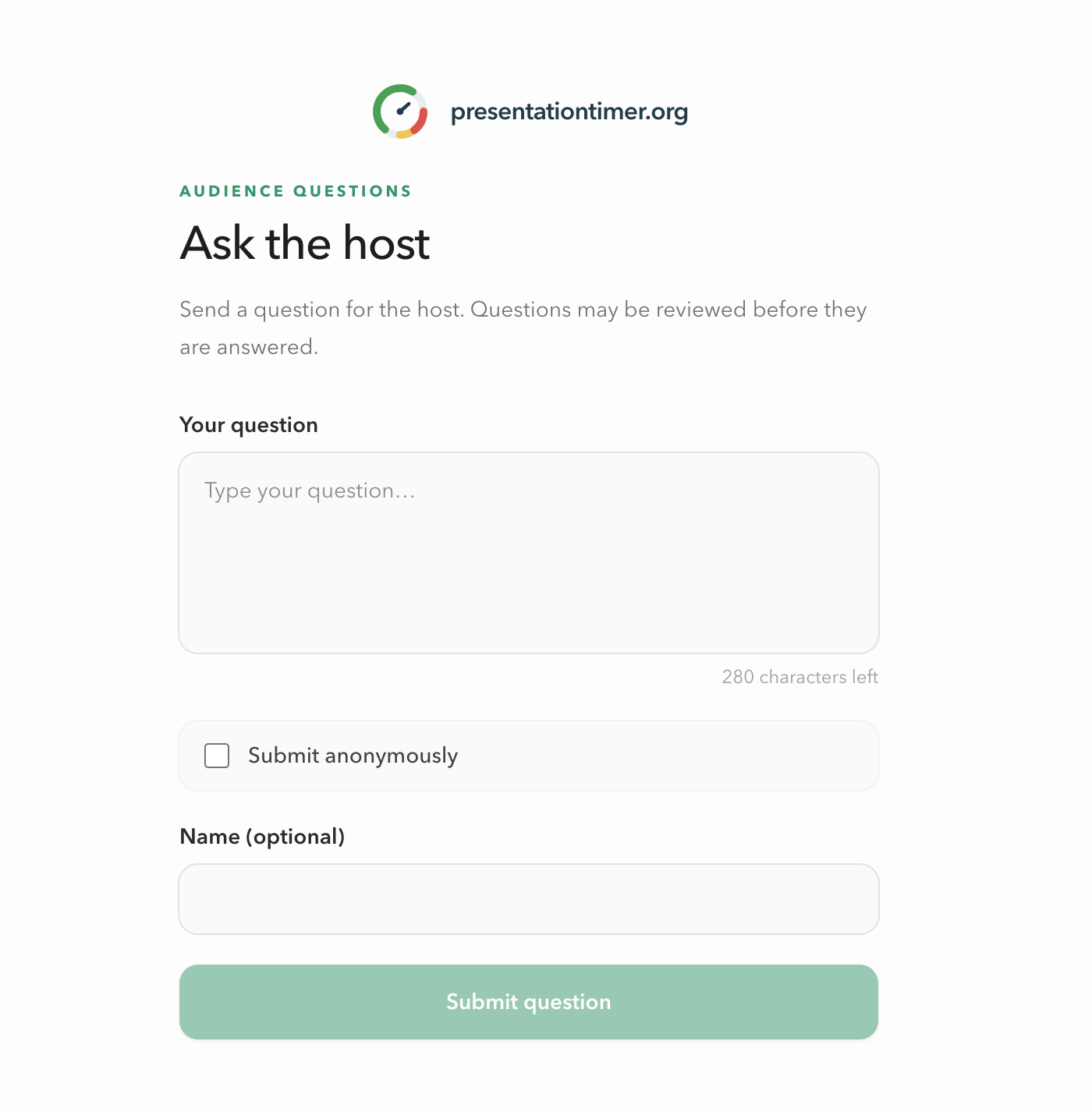 PresentationTimer Audience Questions page with Ask the host heading, question field, anonymous checkbox, optional name field, and Submit question button