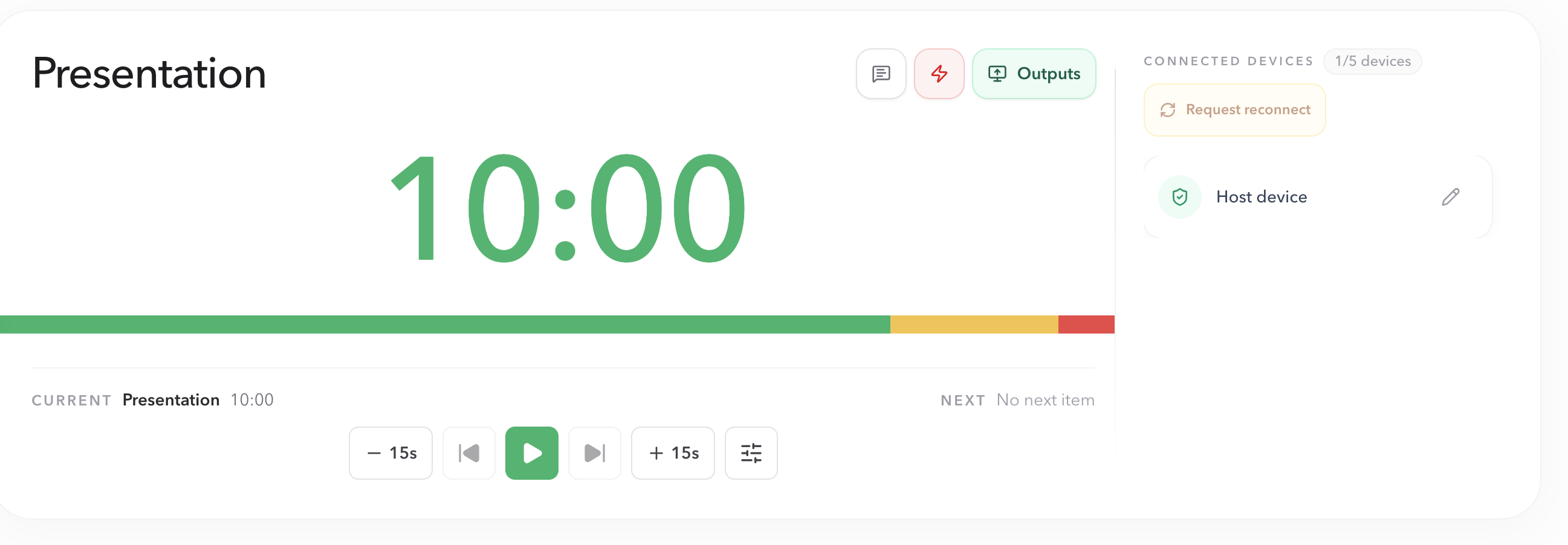 PresentationTimer Host timer with the Messages icon beside the lightning and Outputs controls