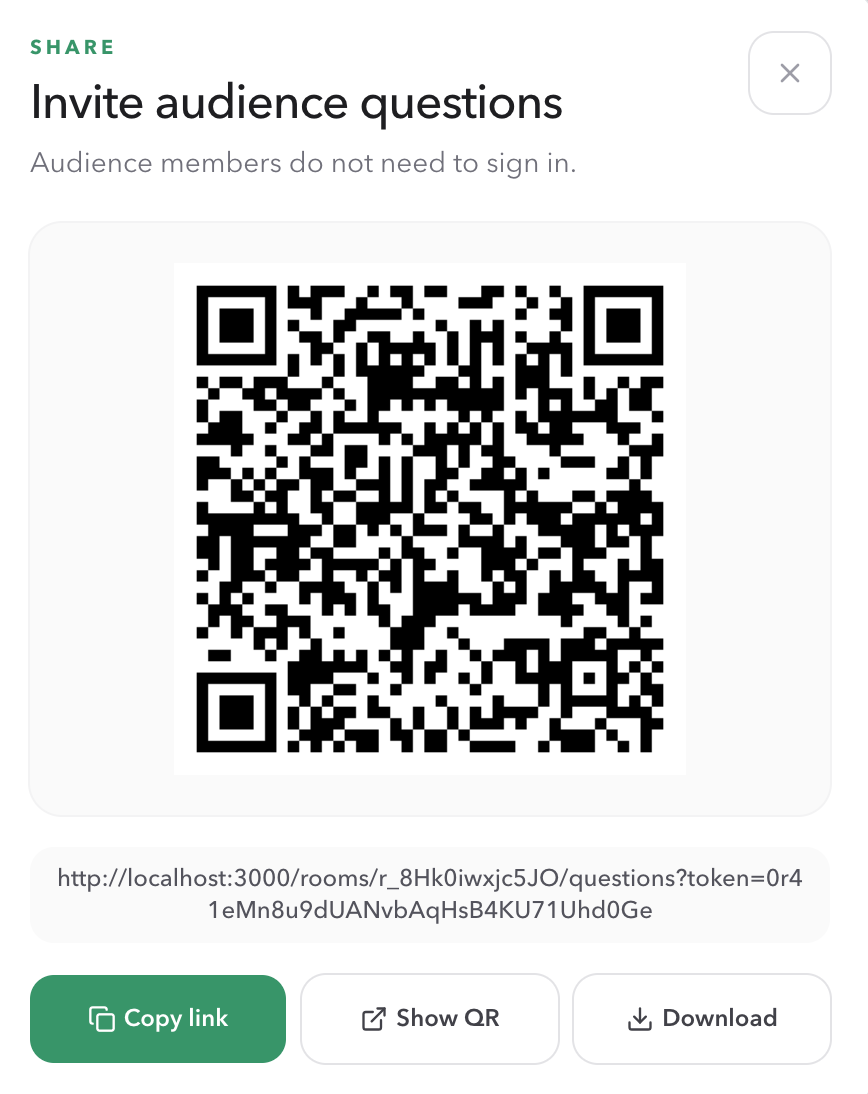 Invite audience questions dialog with a QR code, public question link, Copy link, Show QR, and Download controls
