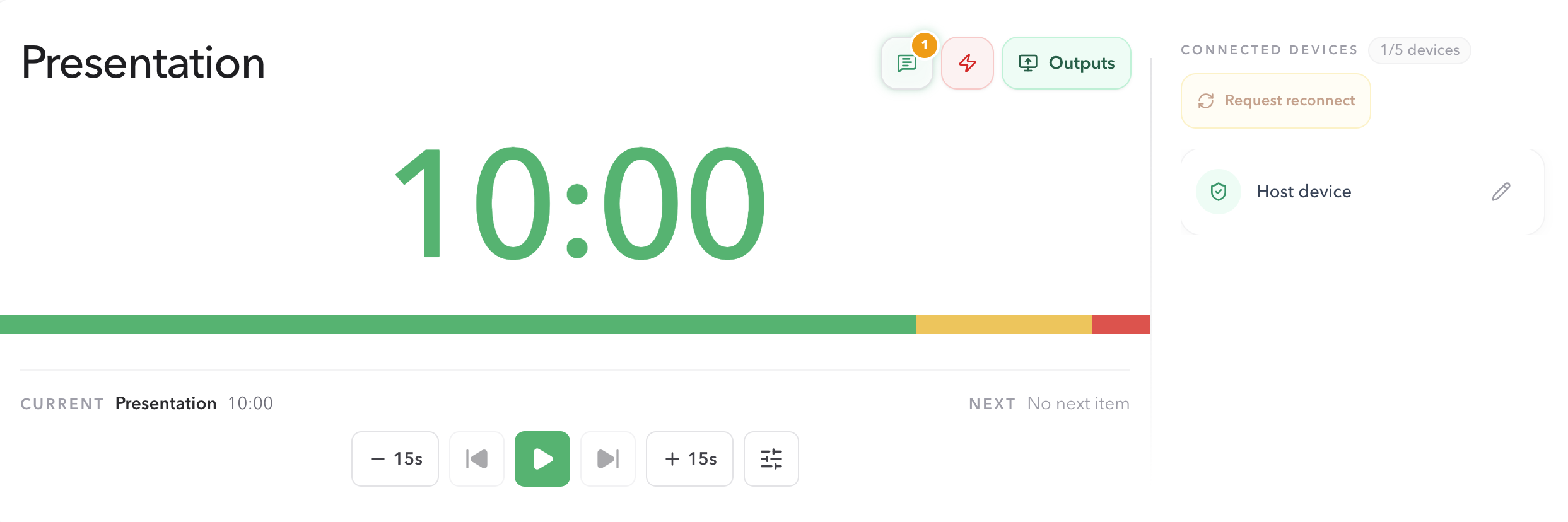 Host timer controls with a green Messages icon and an unread badge showing 1