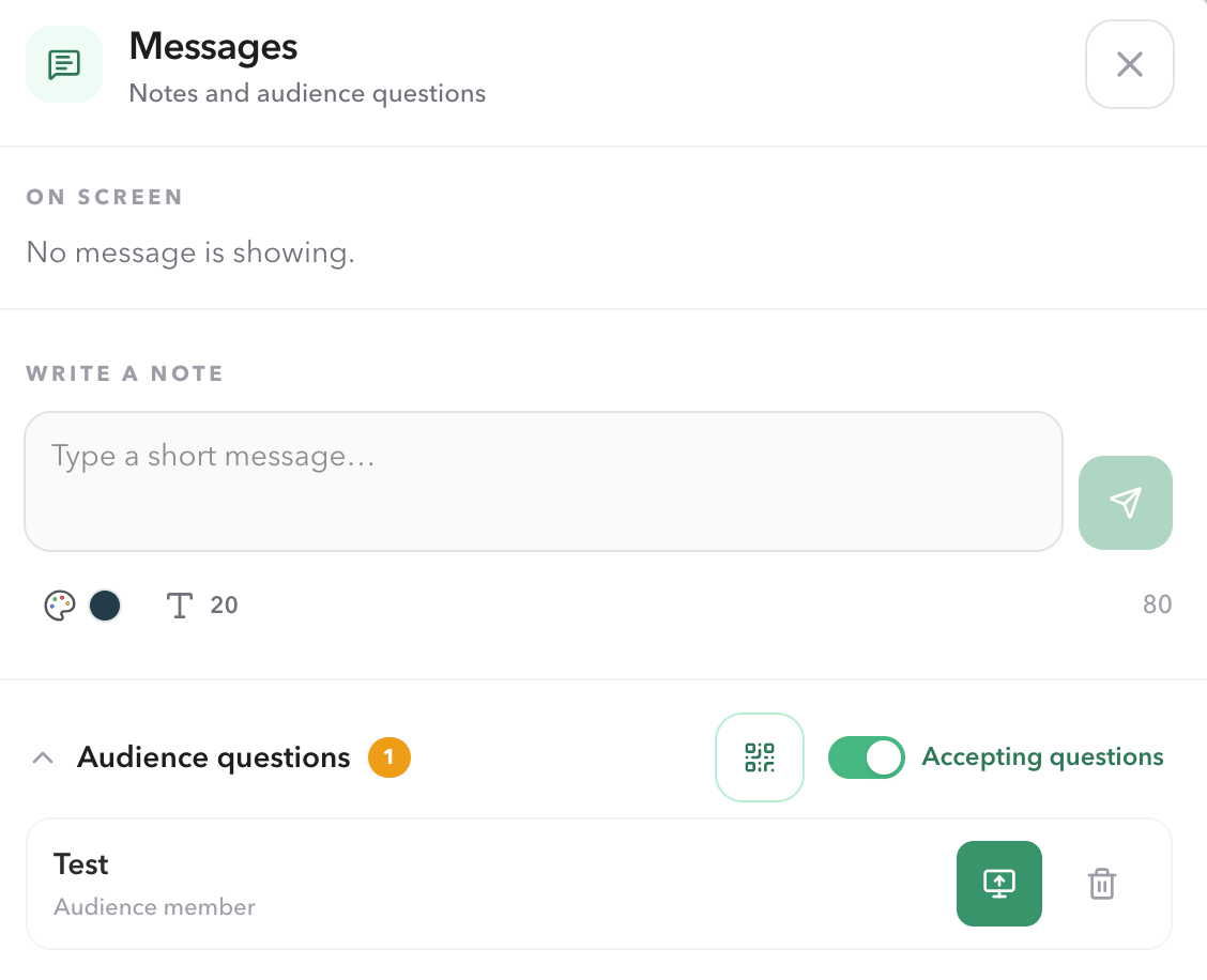 Host Messages drawer with one audience question, unread count, Show on screen icon, and delete icon