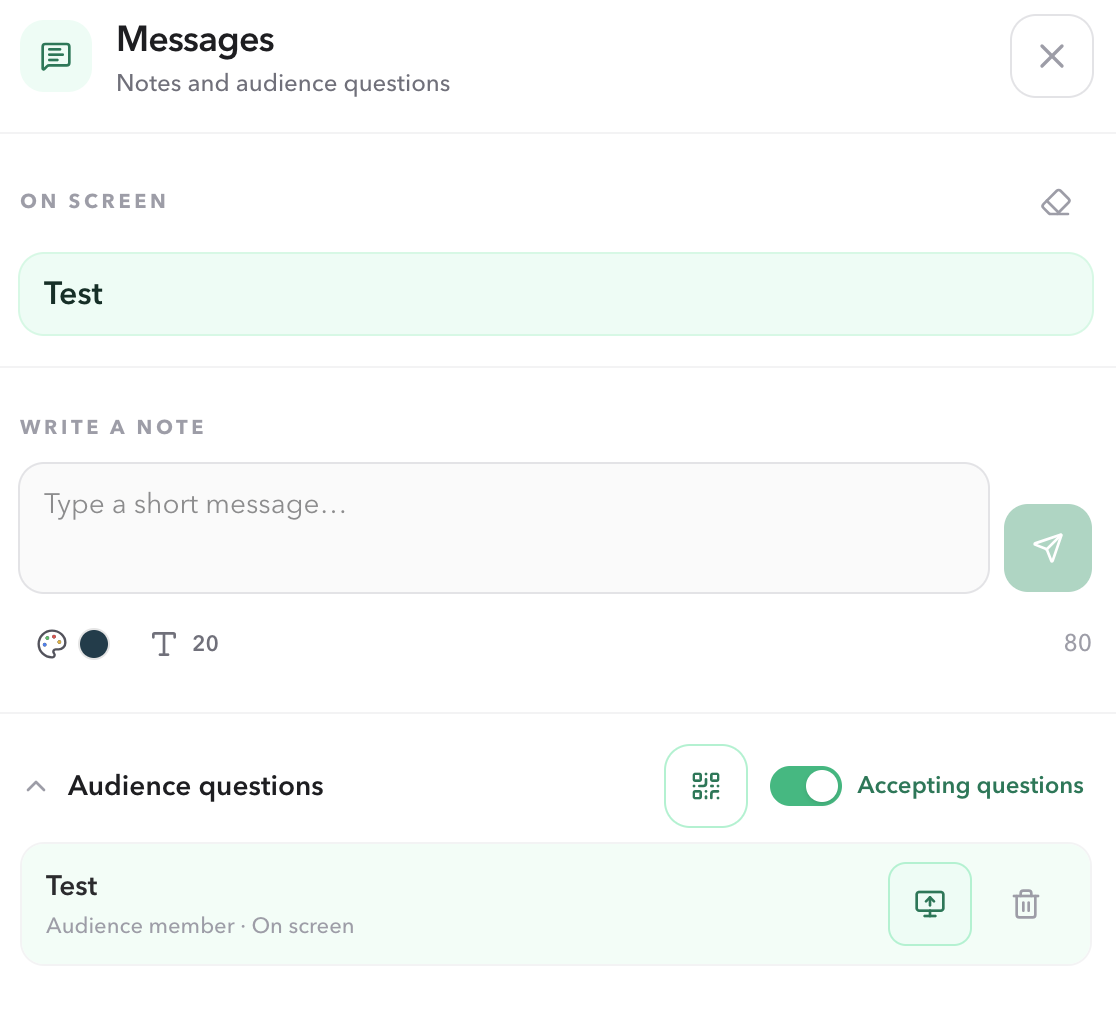 Host Messages drawer with the current audience question shown on screen and the On screen section displaying the question