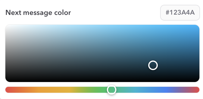 Custom color picker for the next message with a saturation/value palette, hue slider, and hex value