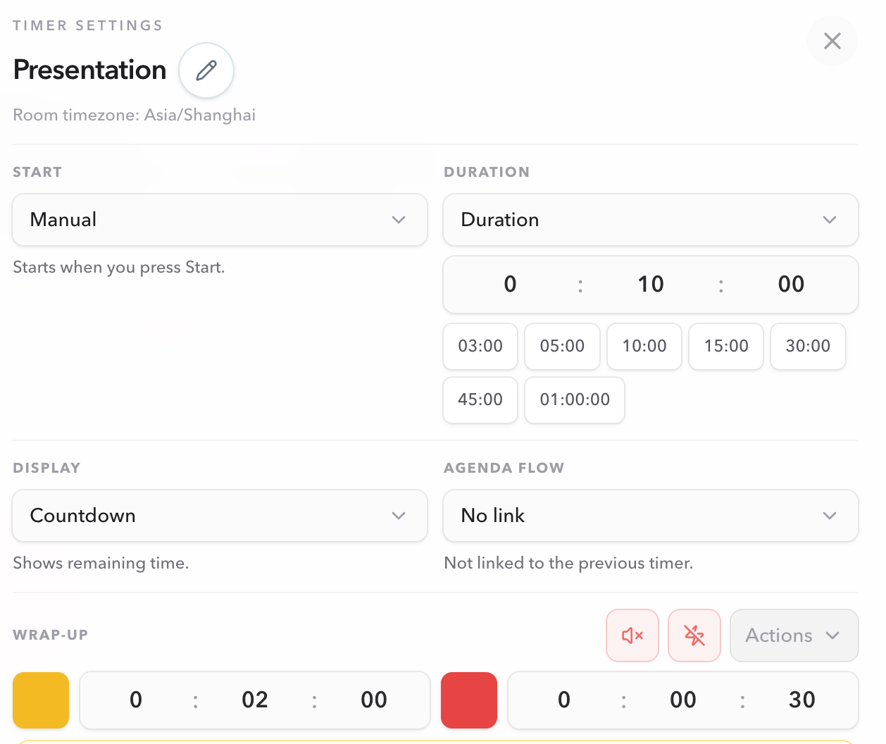 Timer Settings panel for Presentation showing Manual start, Duration, ten minutes, Countdown display, and No link agenda flow