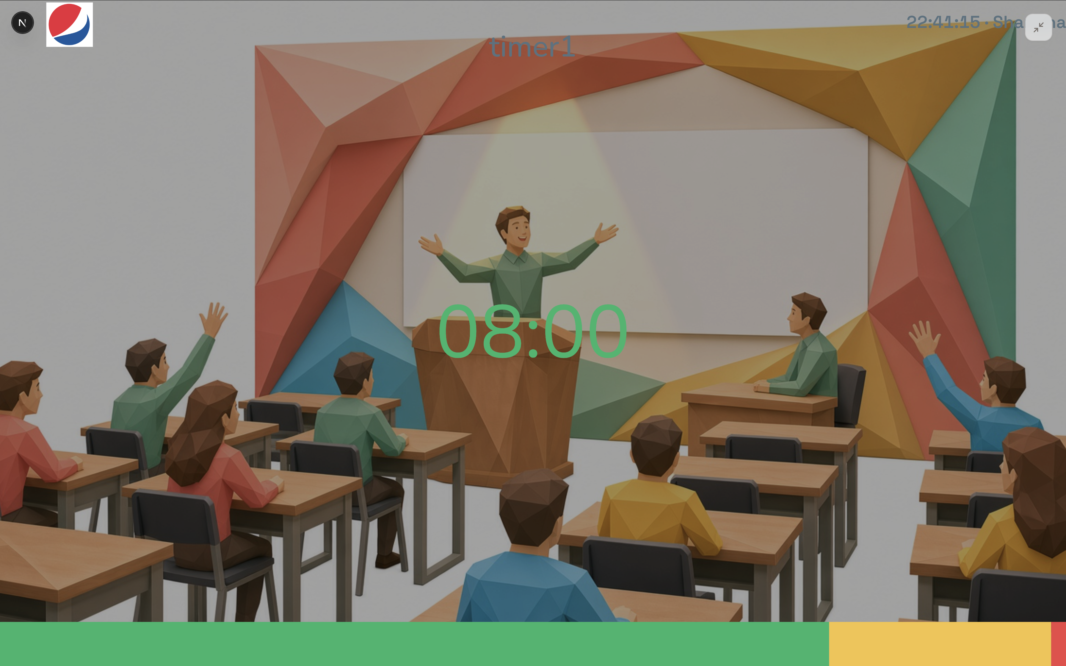 Live Display with a custom logo, remaining time 08:00, room time, and a classroom photo behind the clock, with no Studio handles