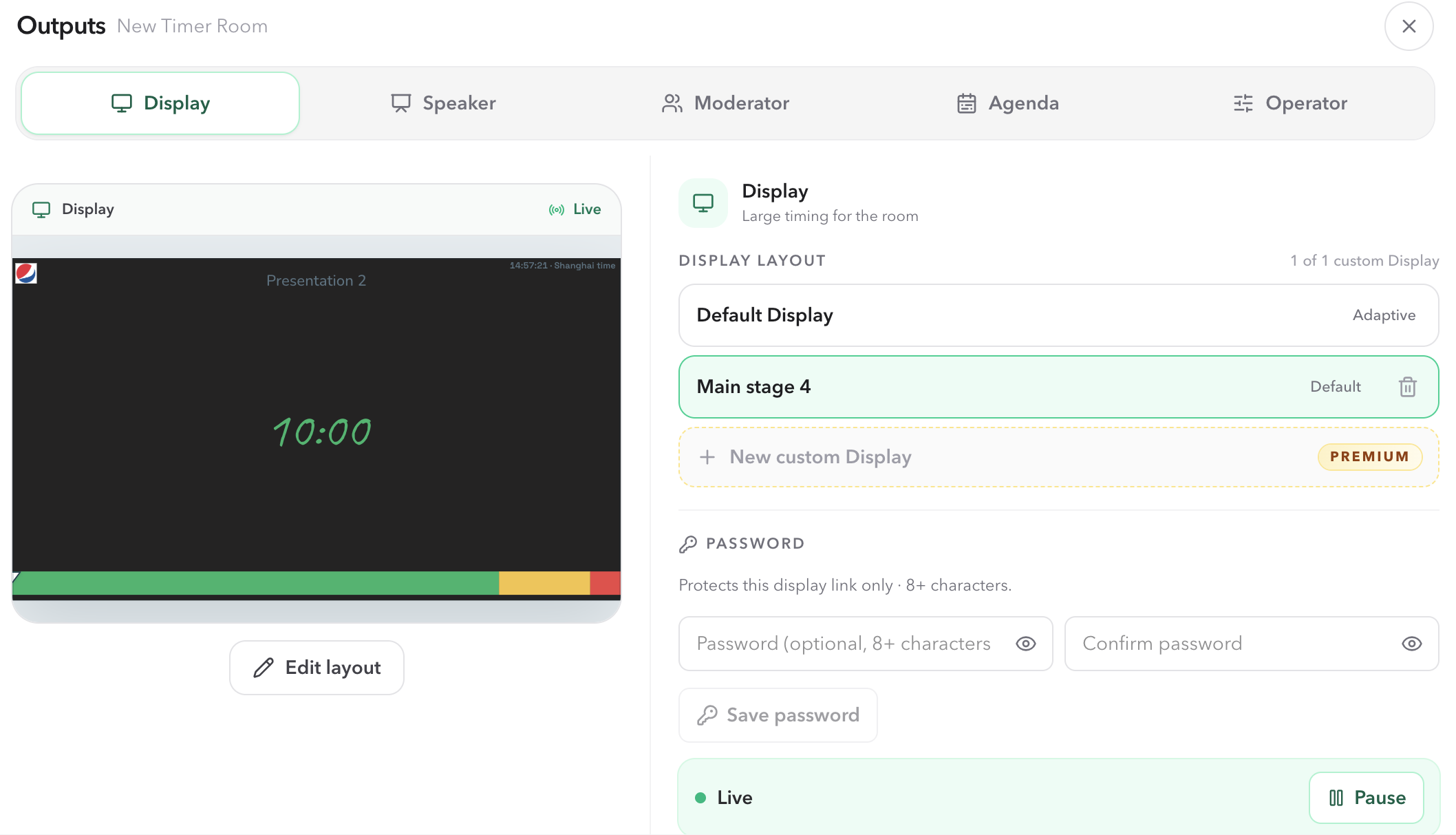 PresentationTimer Outputs with Main stage 4 selected, a branded Display preview with a logo and dark canvas, and Default Display still on the list