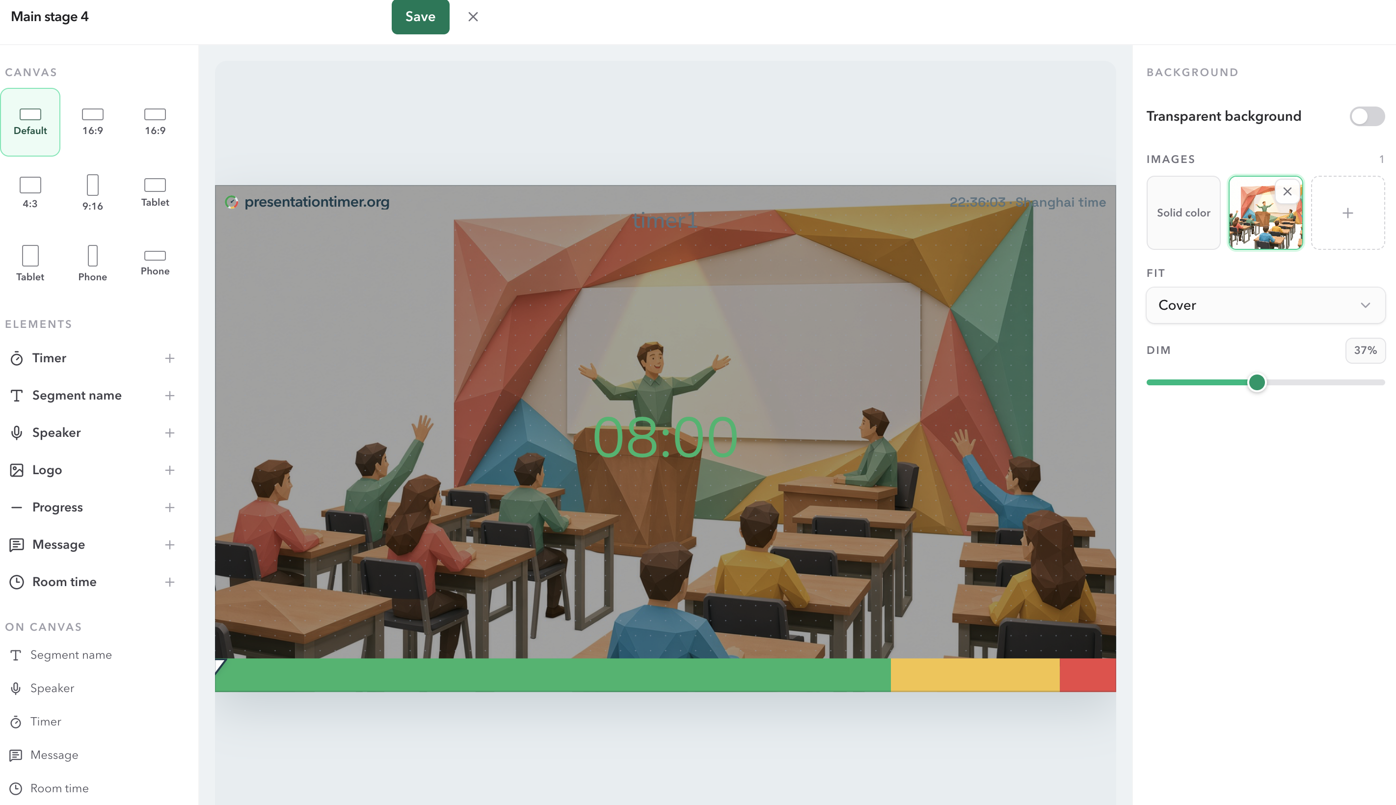 Display Studio with Main stage 4, a classroom photo filling the canvas, remaining time 08:00, Fit set to Cover, and Dim at 37 percent