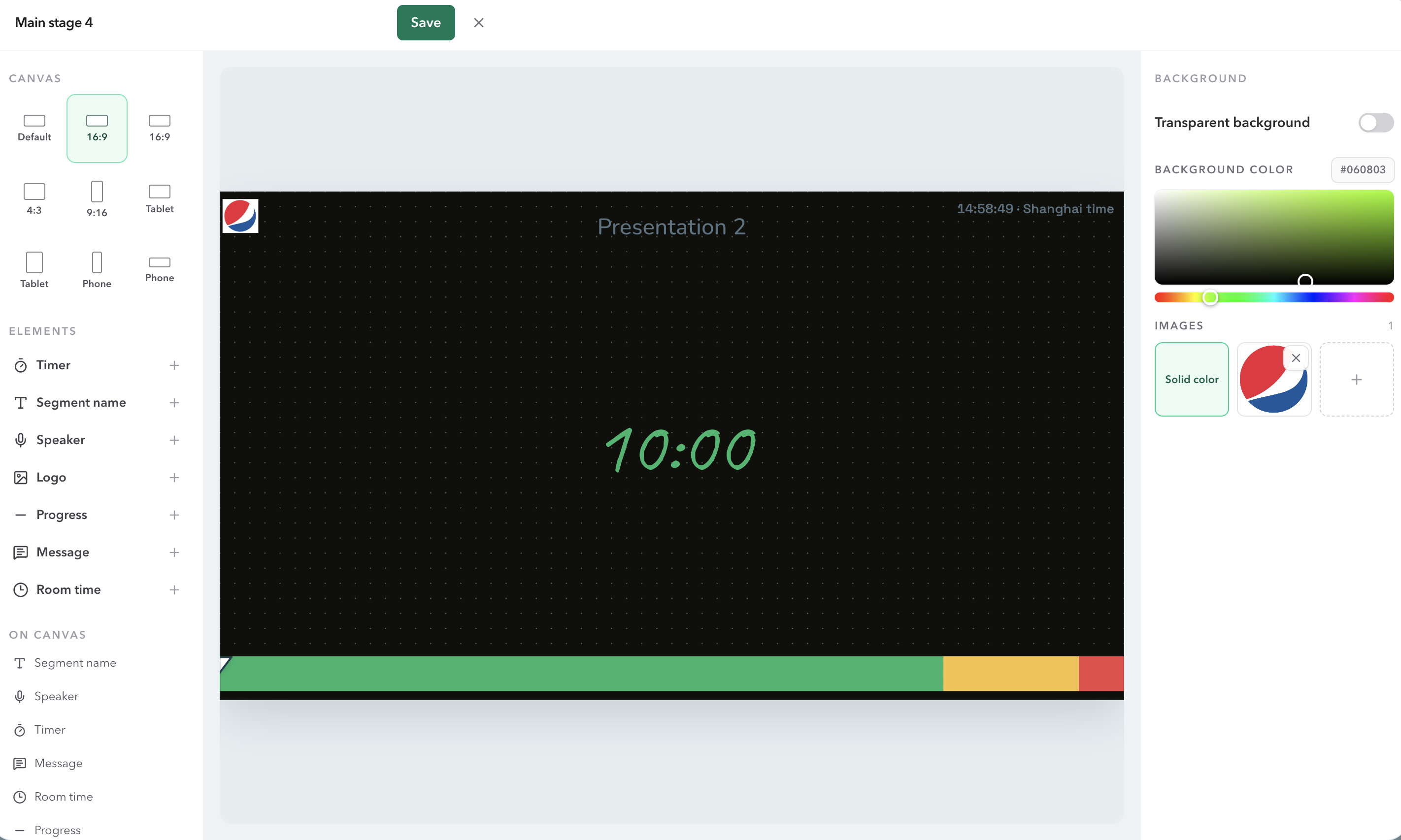 Display Studio with the Main stage 4 layout name, a Save button, canvas size choices, a timer on a dark 16:9 canvas, and the background inspector