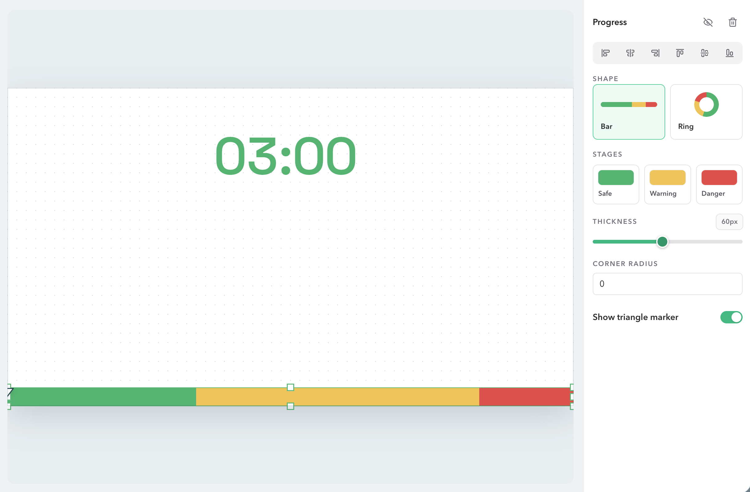 Display Studio with the progress bar selected along the bottom of the canvas, and the inspector showing Bar, the three stage swatches, Thickness 60px, Corner radius 0, and Show triangle marker on