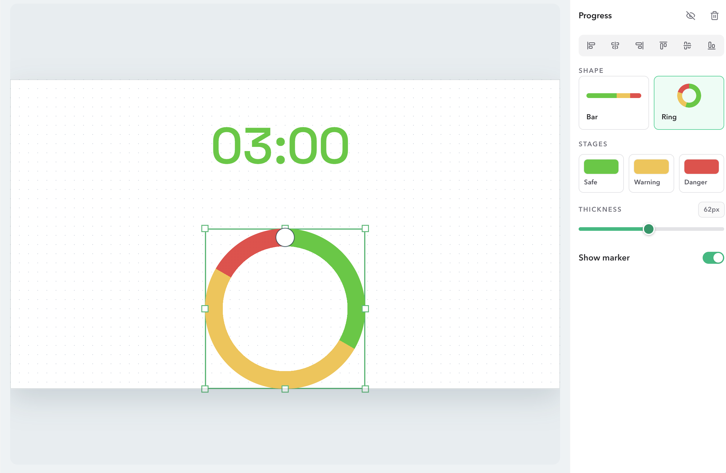 Display Studio with the progress ring selected below the timer, the inspector showing Ring, the three stage swatches, Thickness 62px, and Show marker on