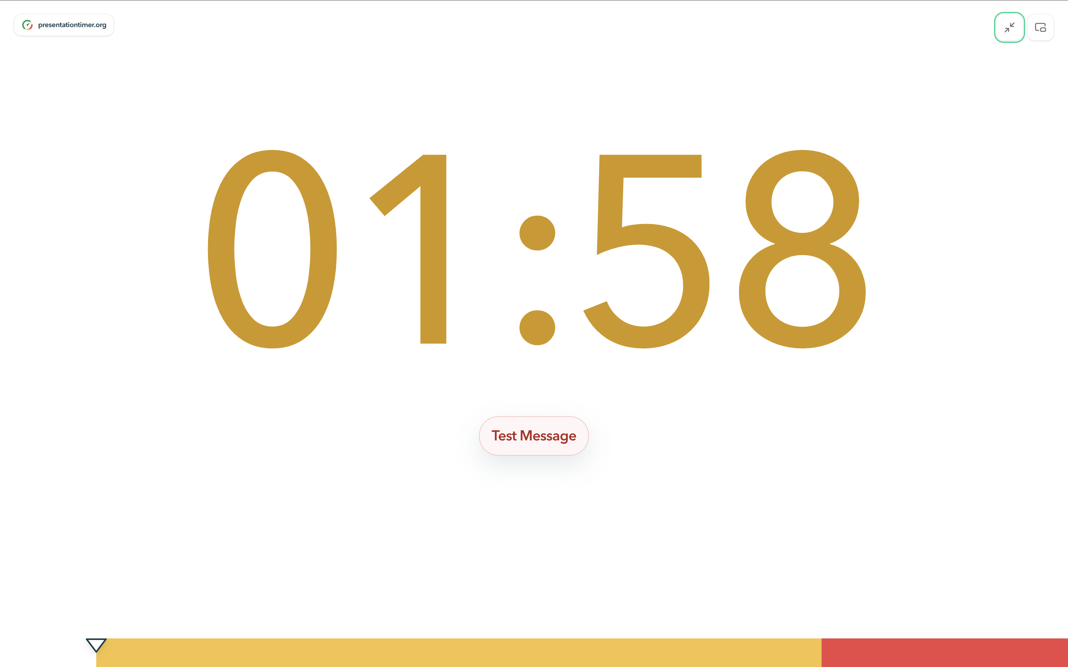 PresentationTimer Display View with a large amber 01:58 timer, Test Message shown beneath it, fullscreen and picture-in-picture controls, and a bottom timing progress bar