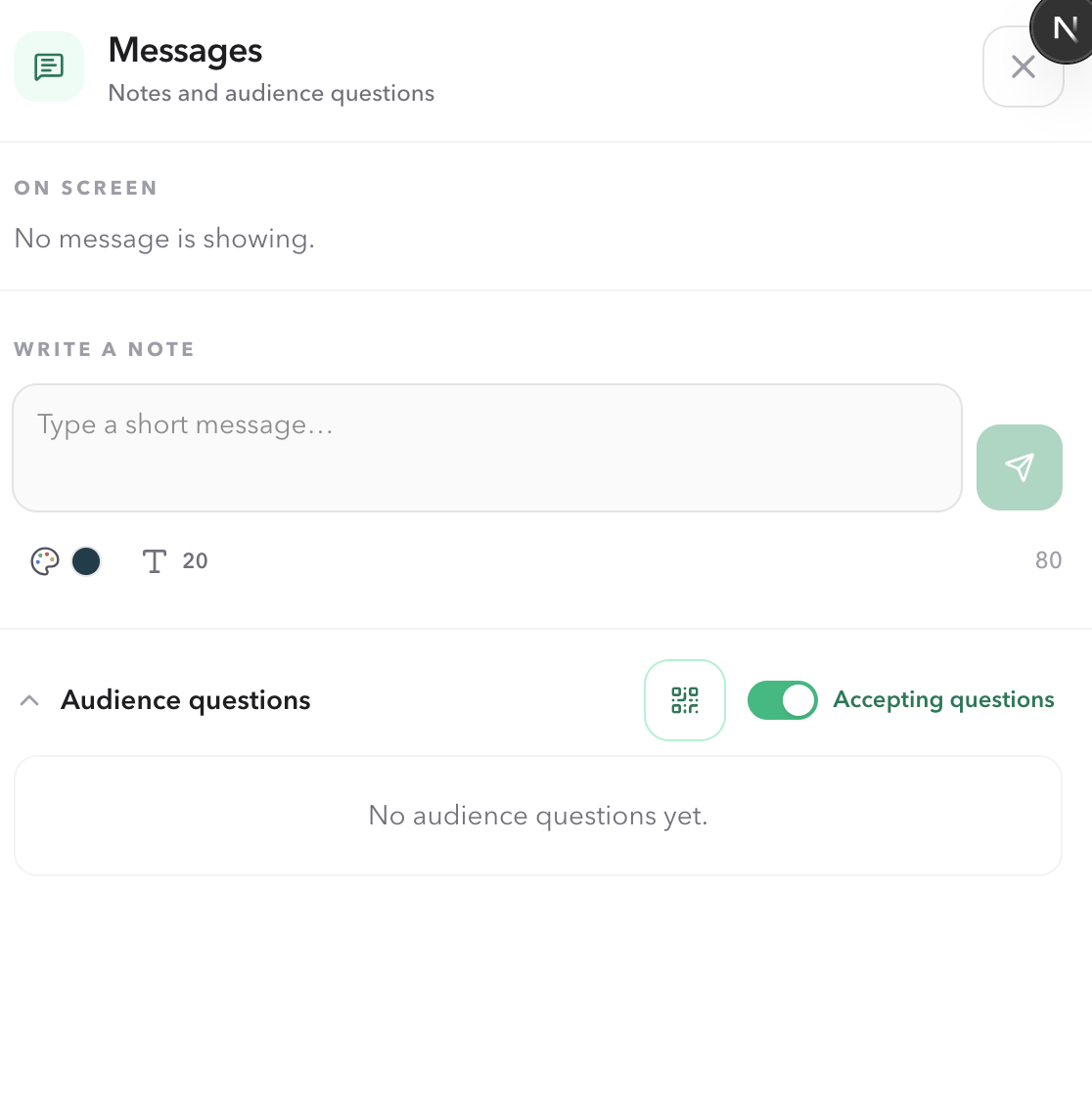 PresentationTimer Messages drawer with On screen, Write a note, color and size controls, and Audience questions with QR sharing and the Accepting questions switch