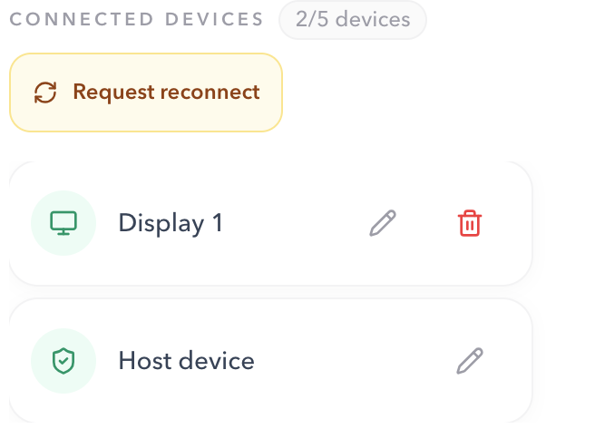 PresentationTimer Host connected devices panel listing Display 1 and Host device with a Request reconnect button