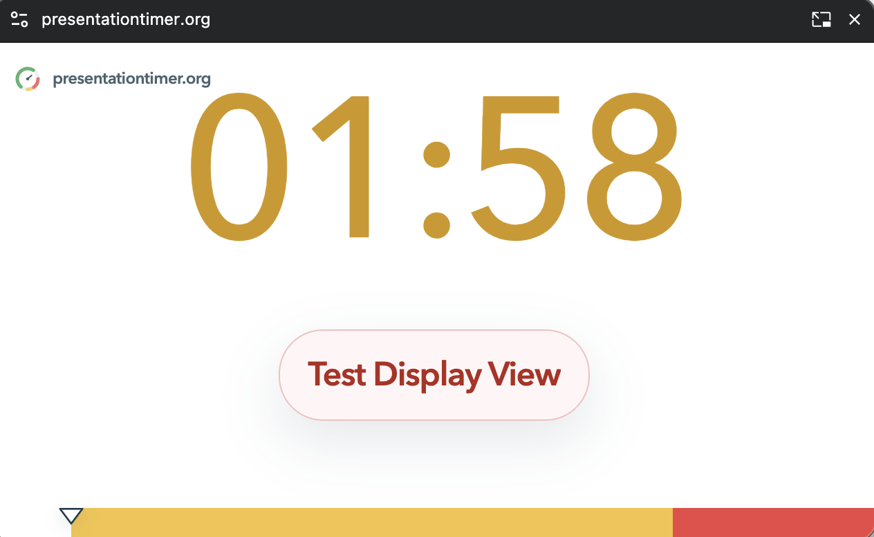 PresentationTimer Display View in fullscreen with an amber 01:58 time value, Test Display View message, and lower progress bar