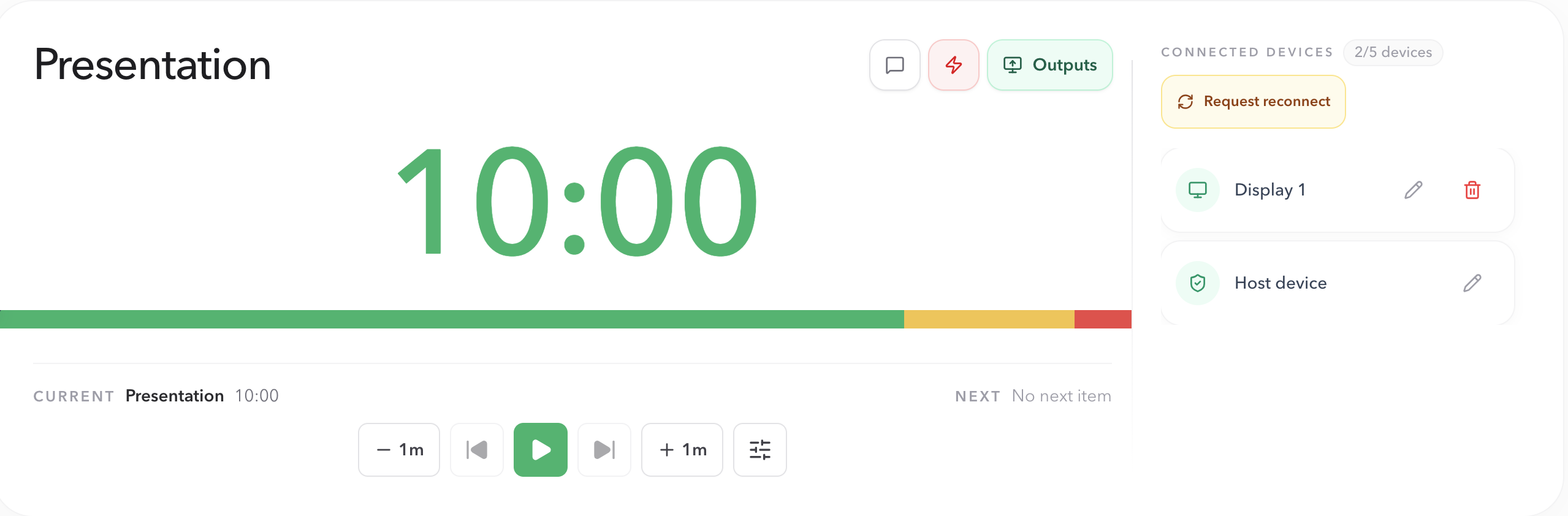Host workspace for a PresentationTimer Room showing the Presentation timer at ten minutes, timer controls, Outputs, and connected devices