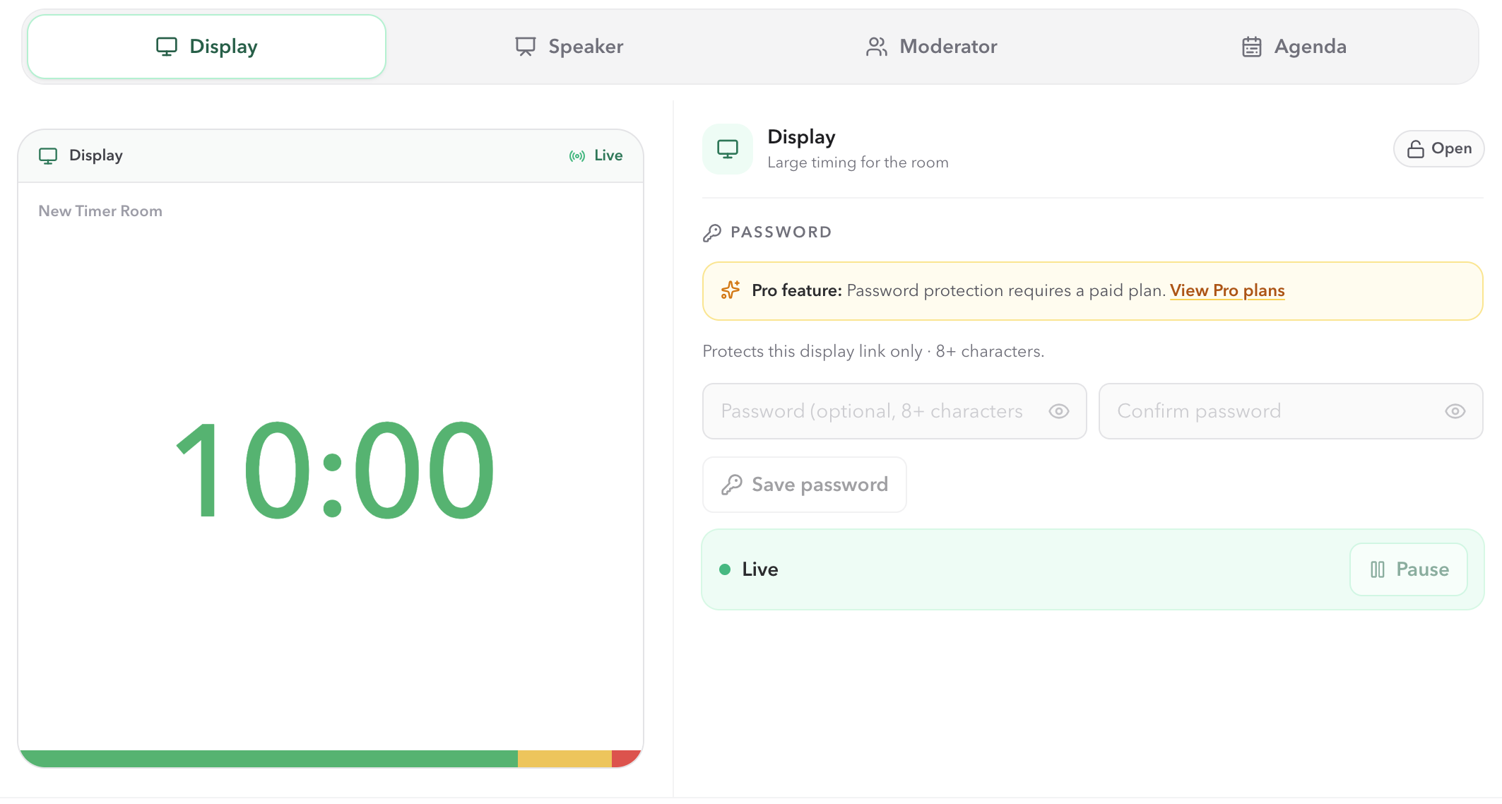 Outputs dialog with Display, Speaker, Moderator, and Agenda tabs and a live Display preview