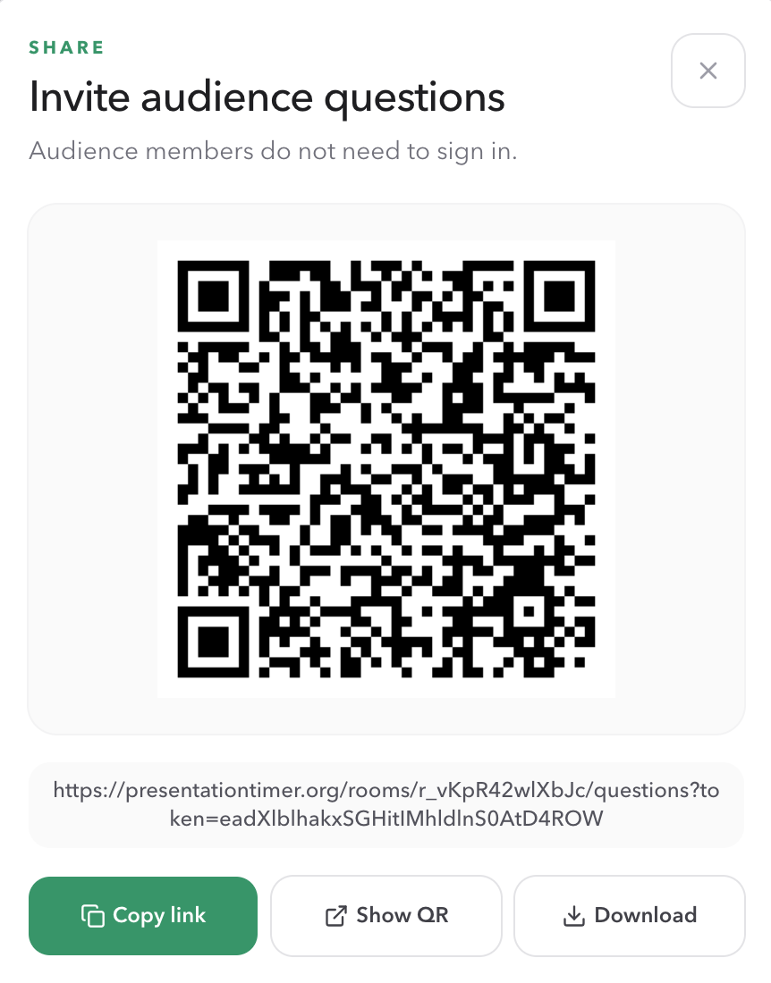 Invite audience questions dialog with a QR code, public question link, Copy link, Show QR, and Download controls