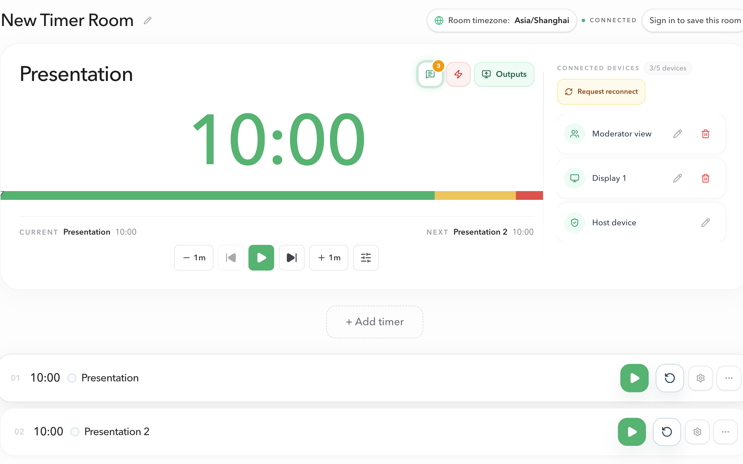 PresentationTimer Host workspace with the Messages icon highlighted and an unread badge showing three audience questions