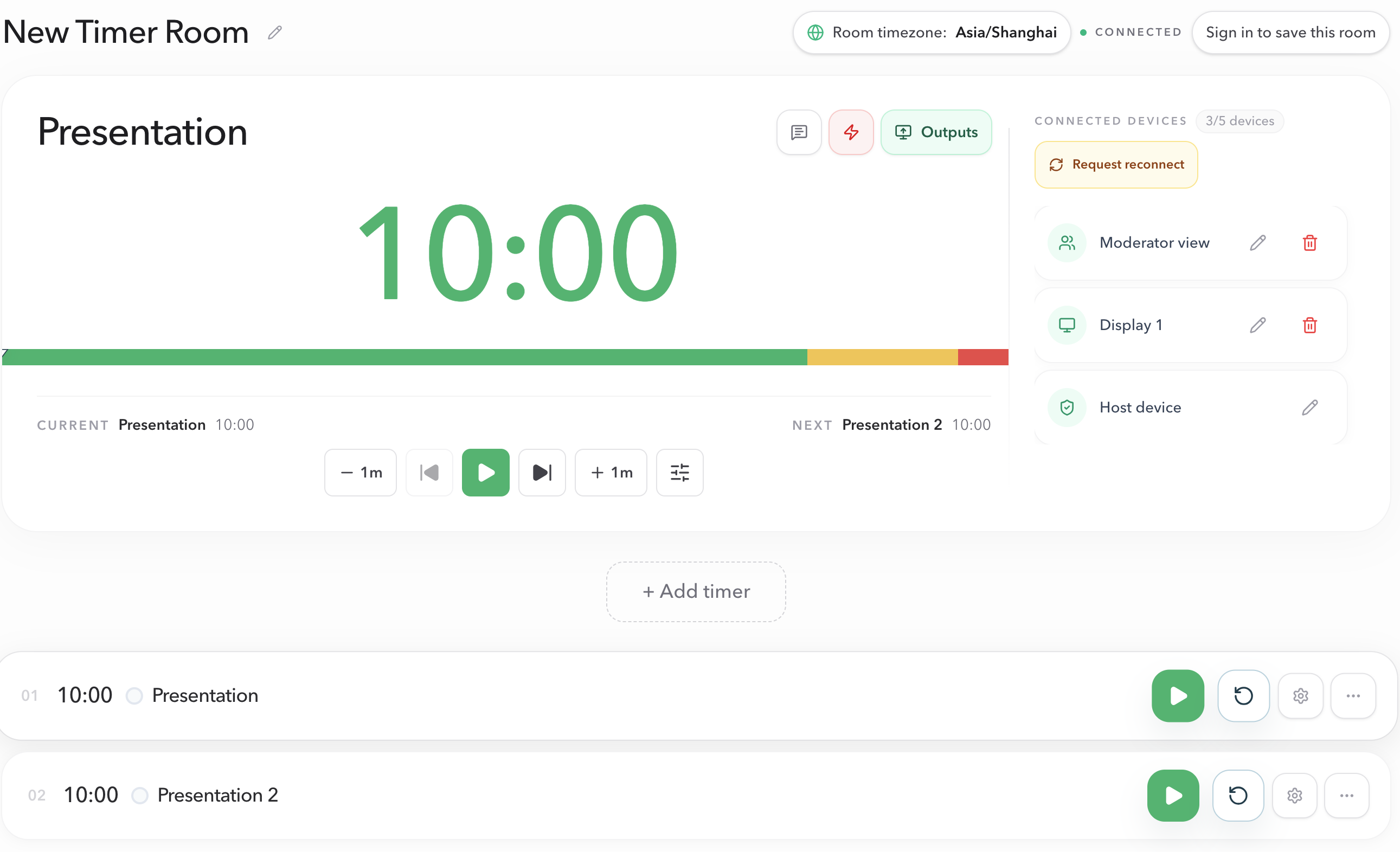 PresentationTimer host workspace with a 10-minute Presentation timer ready to start