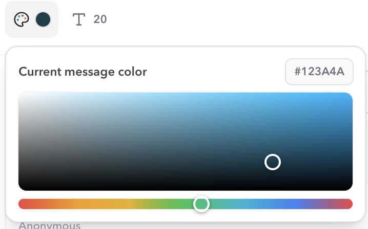 Custom message color picker with a saturation and brightness palette, hue slider, and hex value