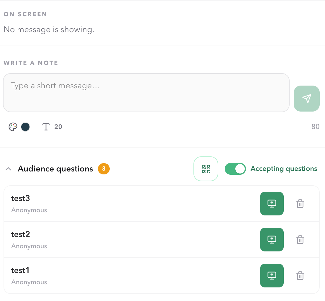 PresentationTimer Messages drawer showing On screen, Write a note, color and size controls, and the Audience questions section with three questions
