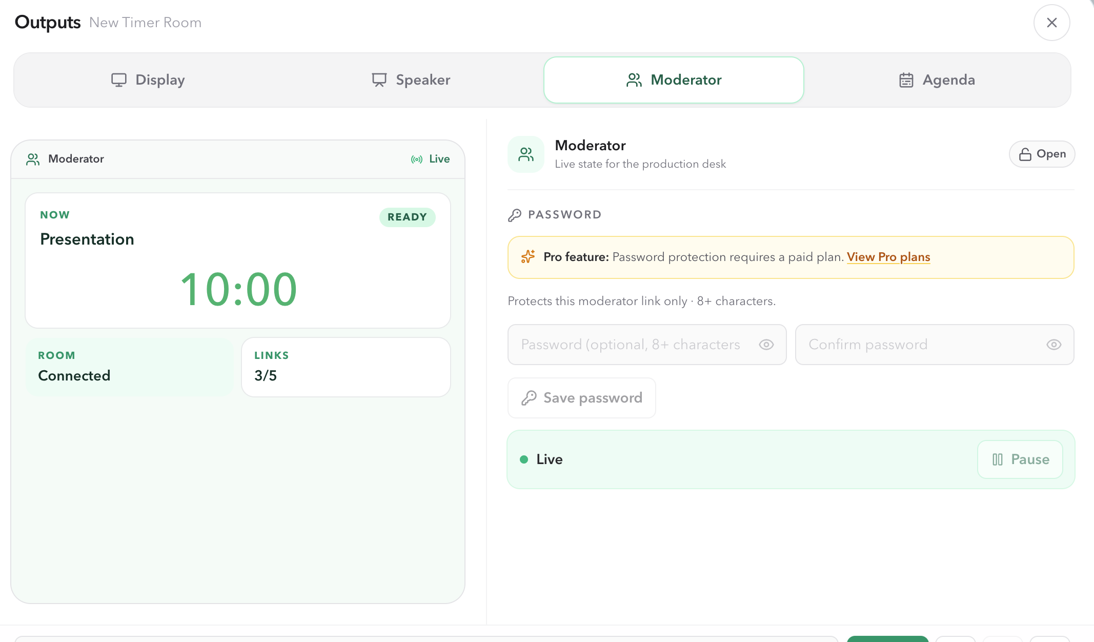 Outputs dialog with Display, Speaker, Moderator, and Agenda tabs, a live Display preview, and paid password protection