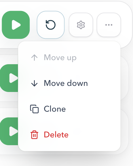 Timer More actions menu with Move up disabled, Move down, Clone, and Delete
