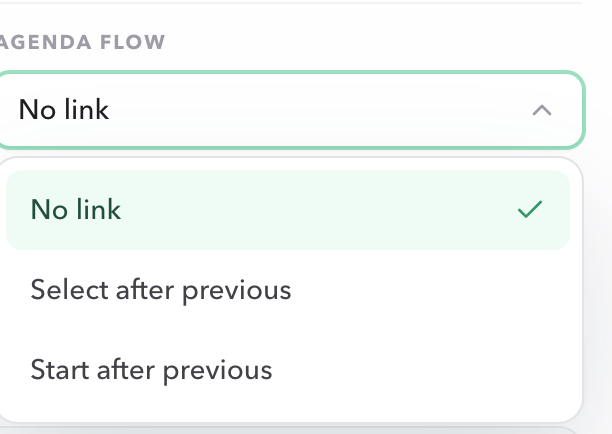 Host Agenda flow menu showing No link, Select after previous, and Start after previous