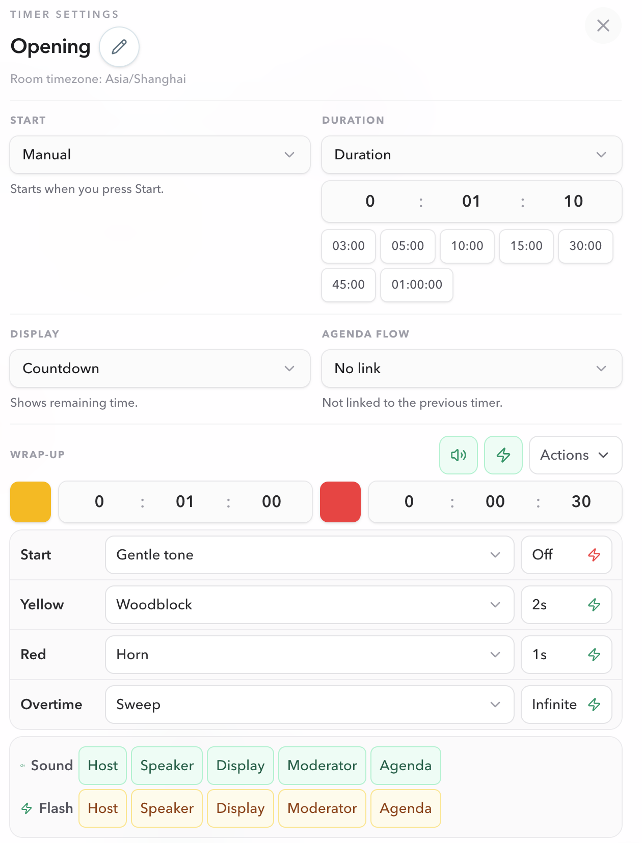 Host Timer settings panel for Opening showing the Agenda flow selector currently set to No link