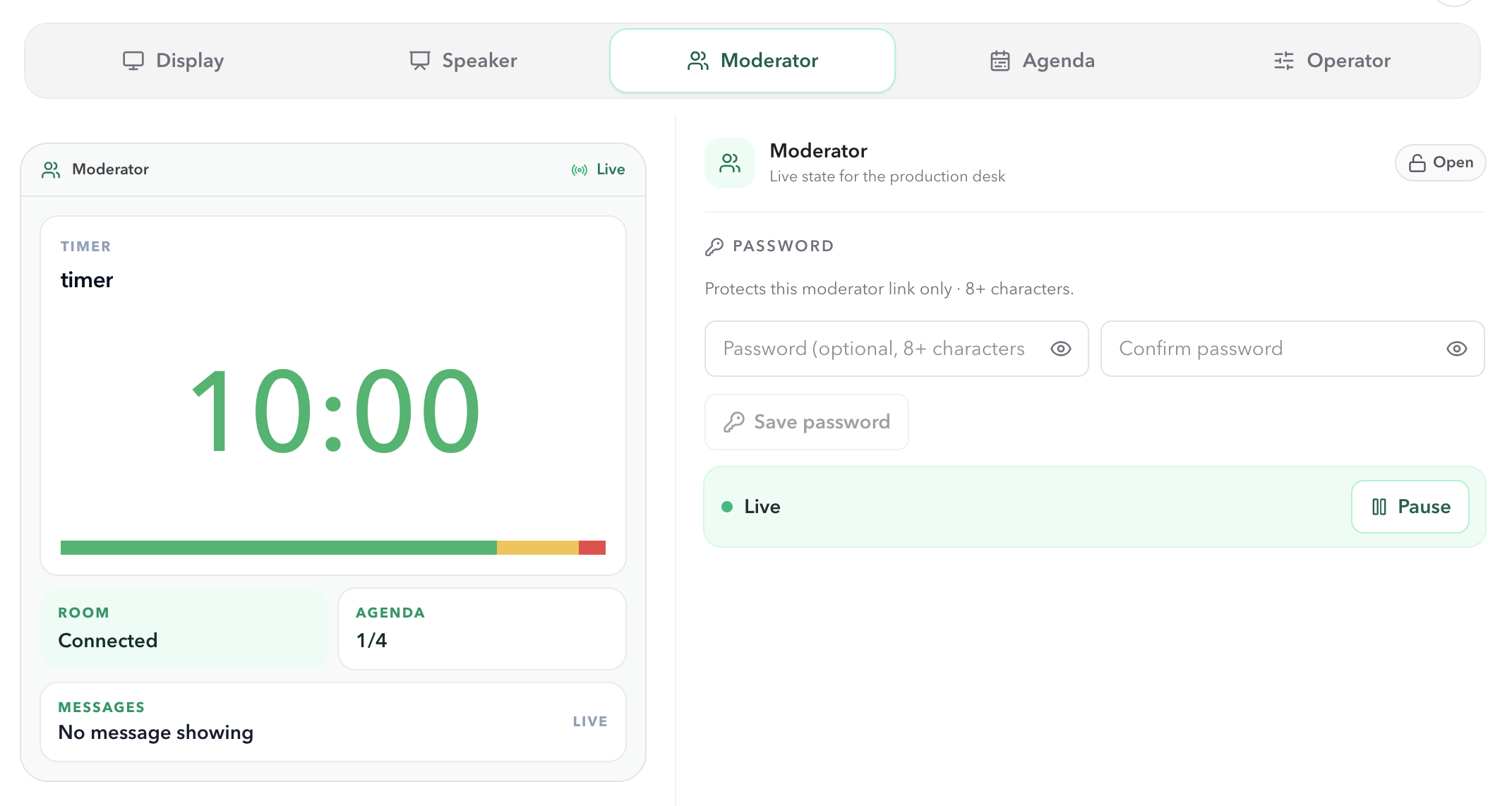 PresentationTimer Outputs workspace with Moderator selected, a live preview on the left, and Moderator link settings on the right