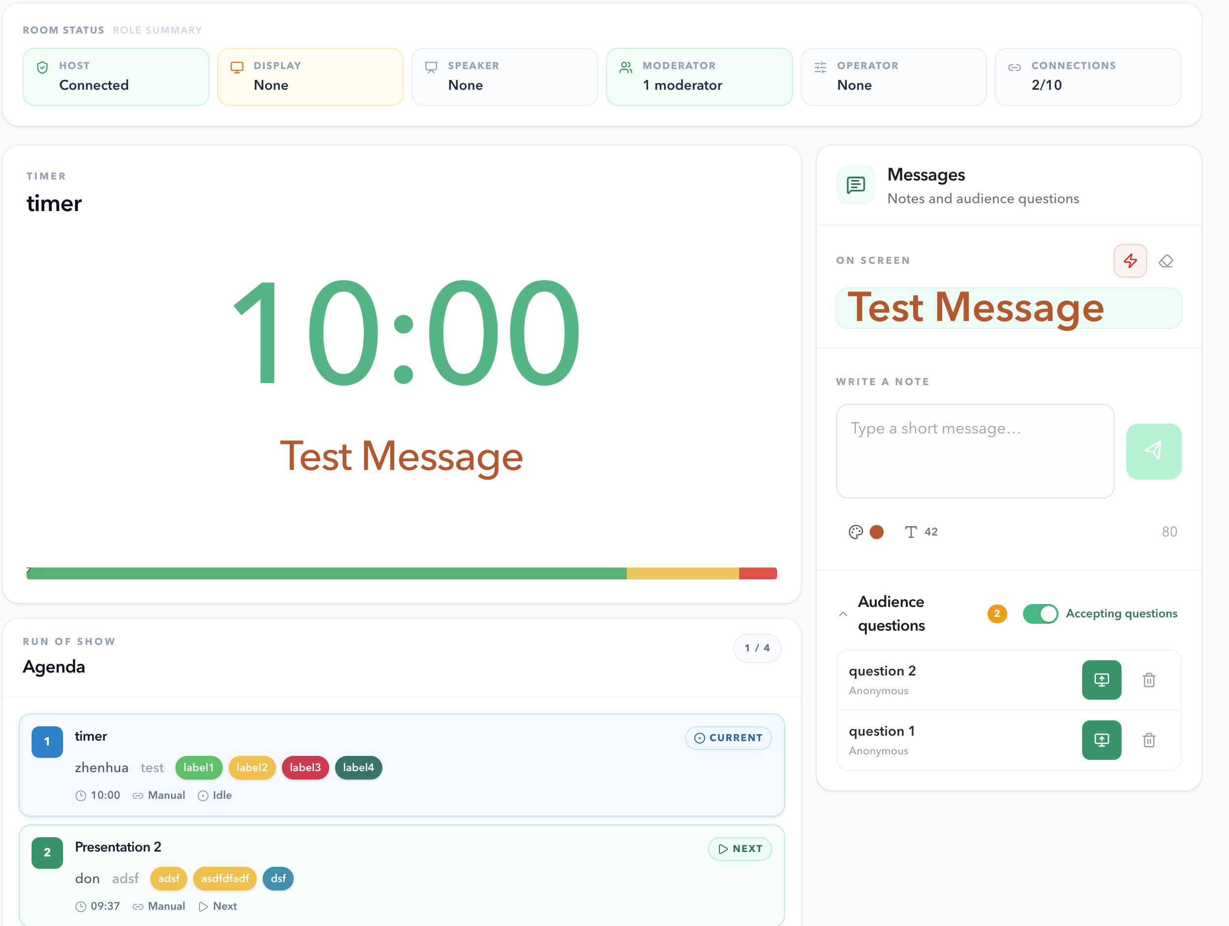 PresentationTimer Moderator View showing the live Timer, Room Status, Messages panel, Audience questions, and Agenda