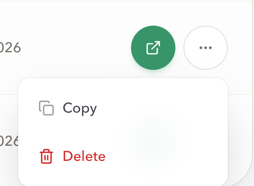 My Rooms row actions menu with Copy and Delete actions beside the Open Host button