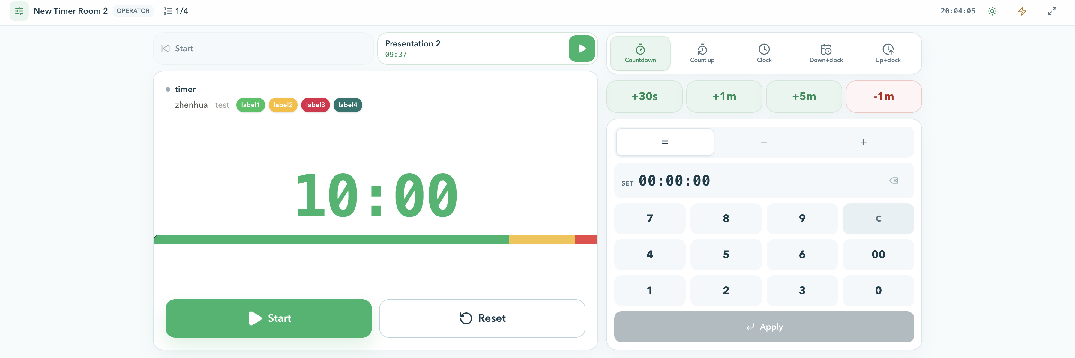Operator View console showing the Room header, current Timer with title speaker notes and labels, a colored remaining-time value and progress bar, Start Pause and Reset, previous and next items, appearance modes, and the numpad