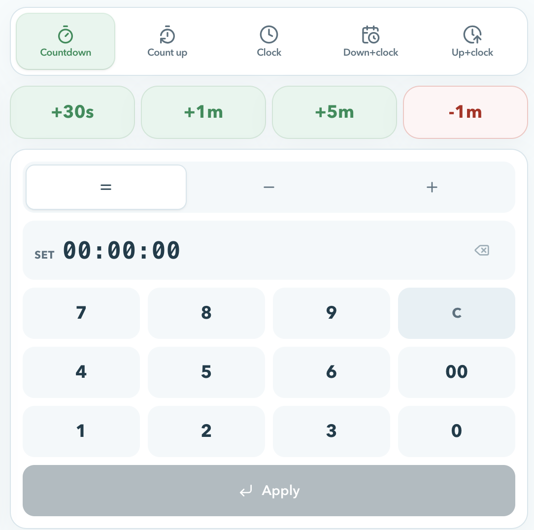 Operator View appearance modes, plus 30 seconds plus 1 minute plus 5 minutes and minus 1 minute keys, and a numpad with Set Subtract Add and Apply