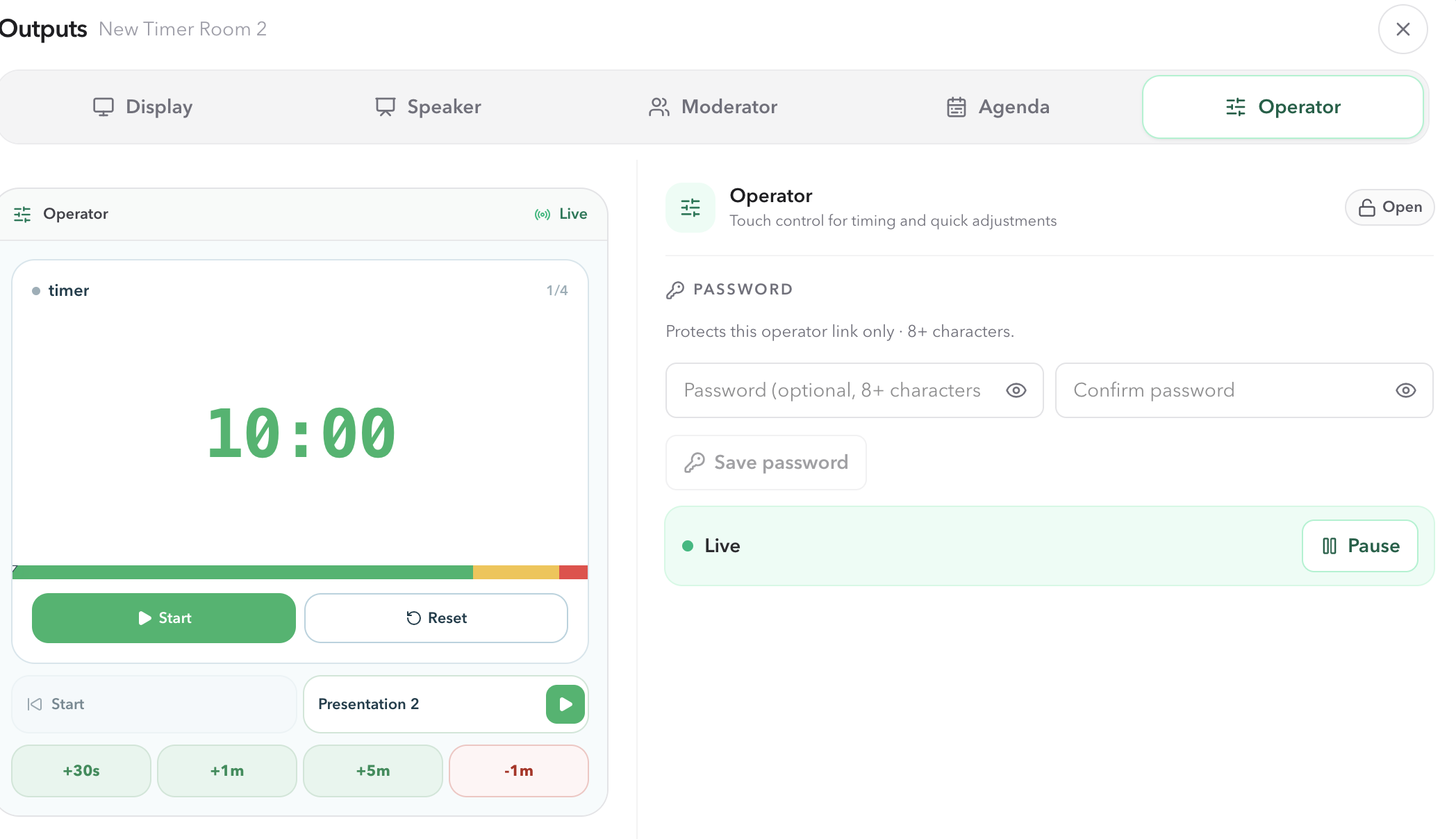 PresentationTimer Outputs dialog with the Operator output selected, a compact console preview on the left, and Operator password protection settings on the right