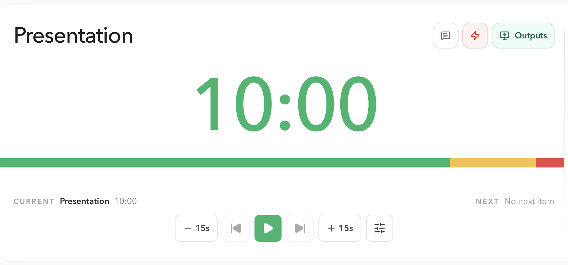 PresentationTimer Host workspace with a red arrow pointing to the Outputs button