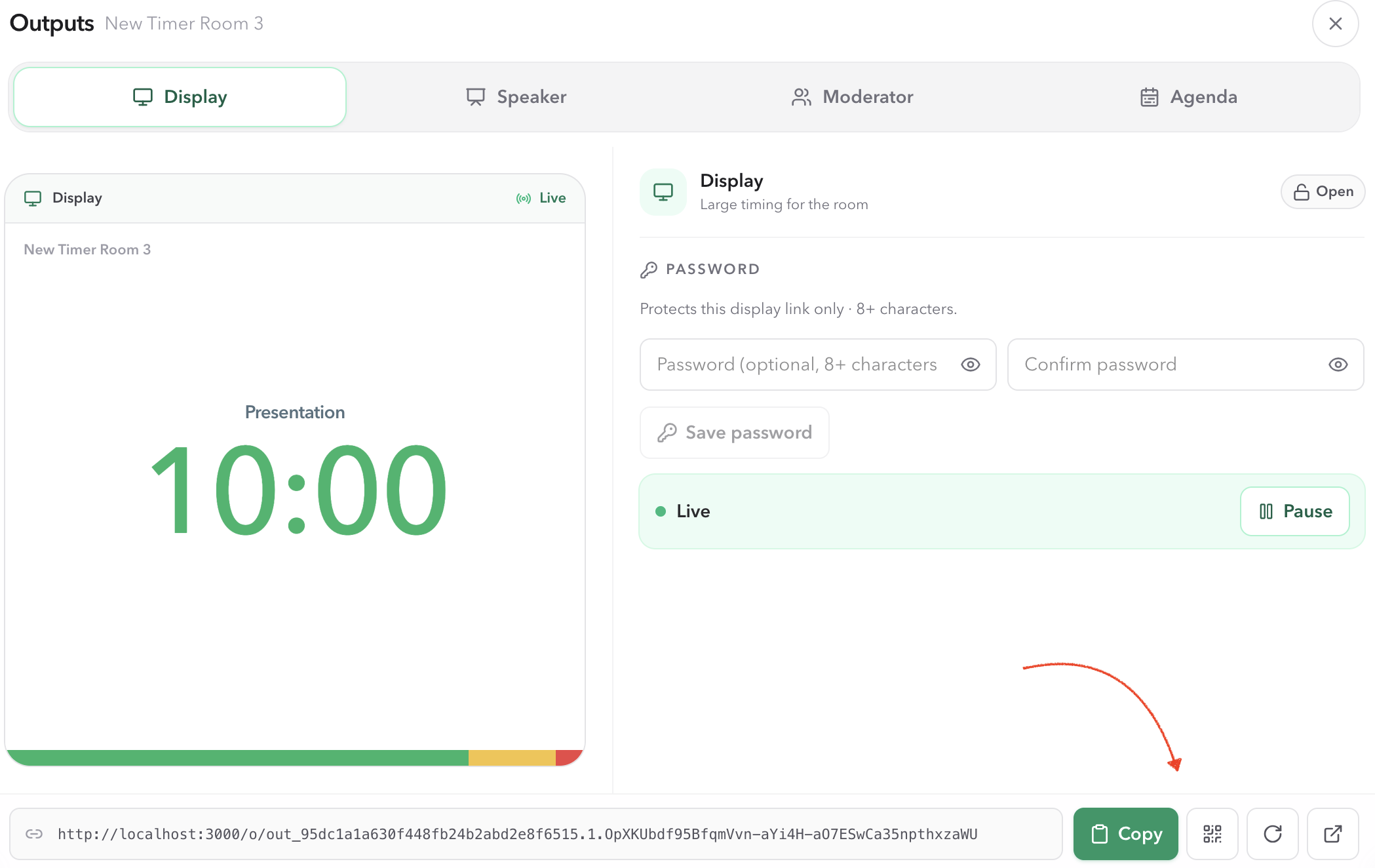 PresentationTimer Outputs workspace with Display, Speaker, Moderator, and Agenda tabs, a live Display preview, password controls, Live and Pause state, and link actions